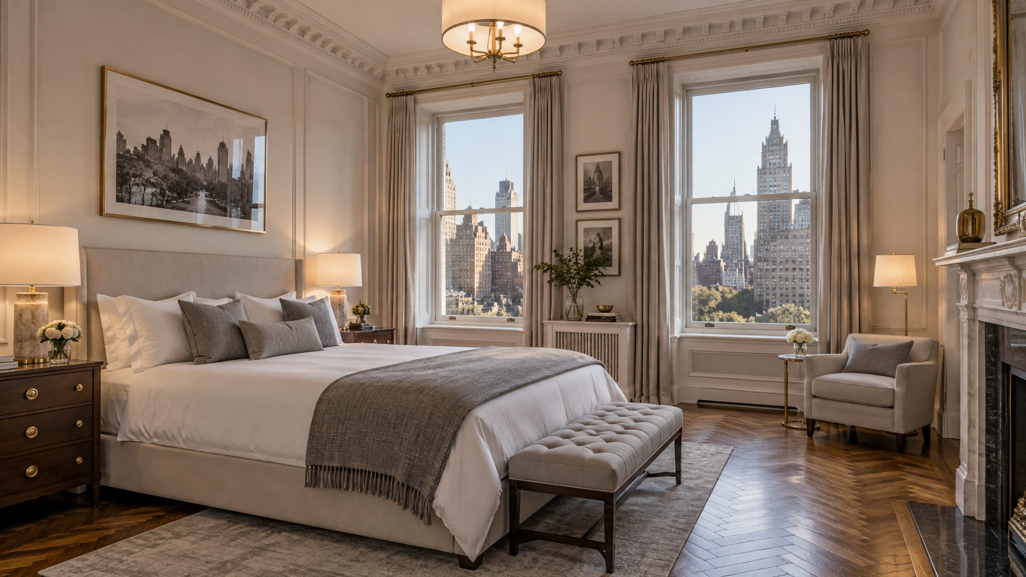 Calm, neatly made bedroom in a pre-war Manhattan apartment