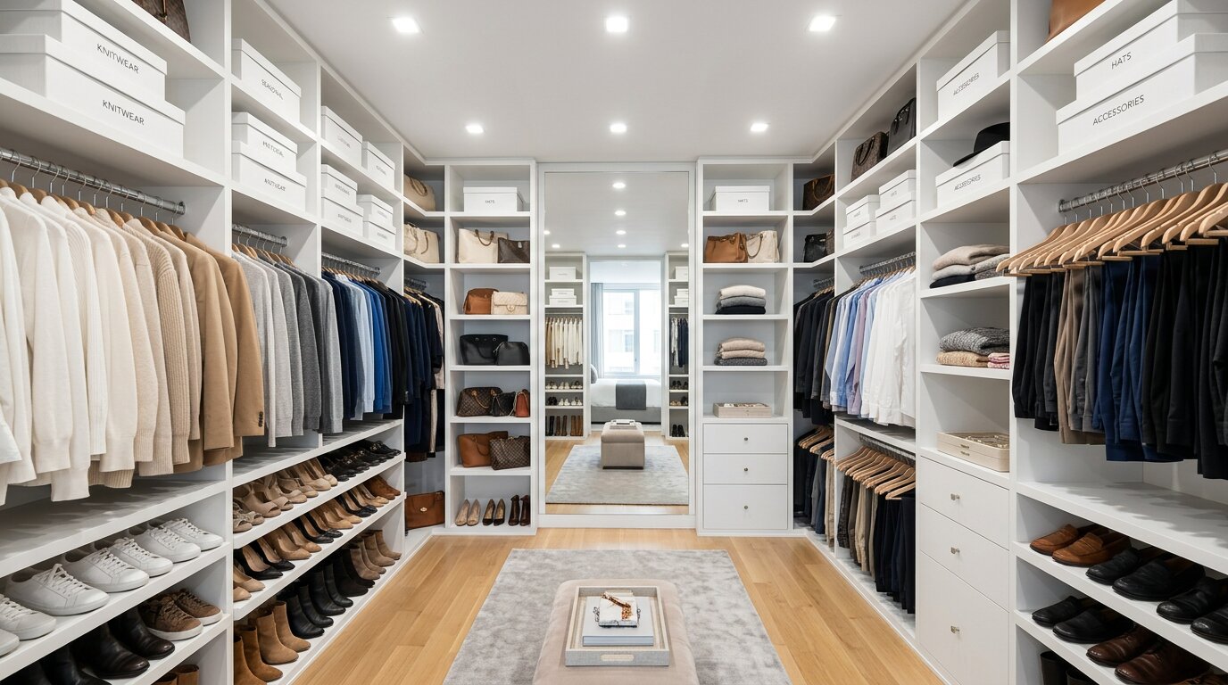 Well-organized walk-in closet in a NYC condo