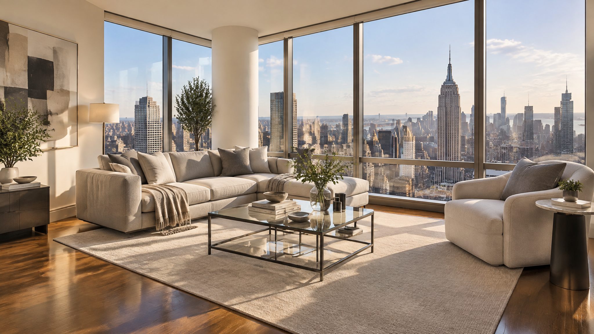 Bright, tidy living room in a modern NYC high-rise